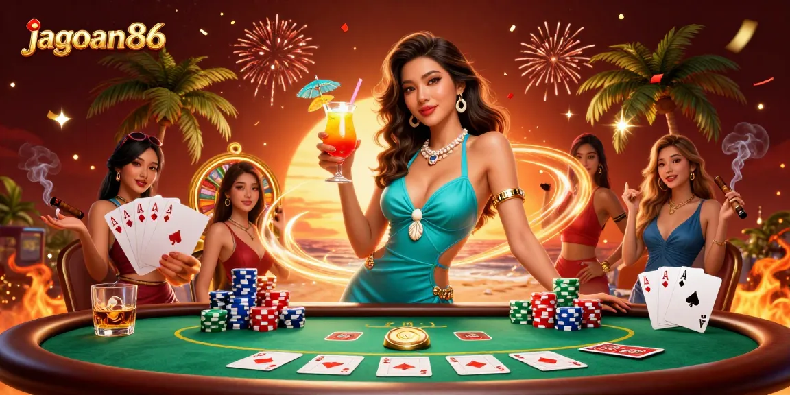 Spin the reels with jagoan86 in a vibrant casino scene featuring a glamorous woman celebrating a big win.