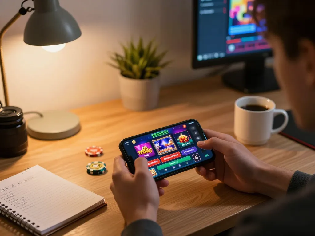 Player engaging with TR88 casino app on smartphone while surrounded by strategy notes and warm lighting.