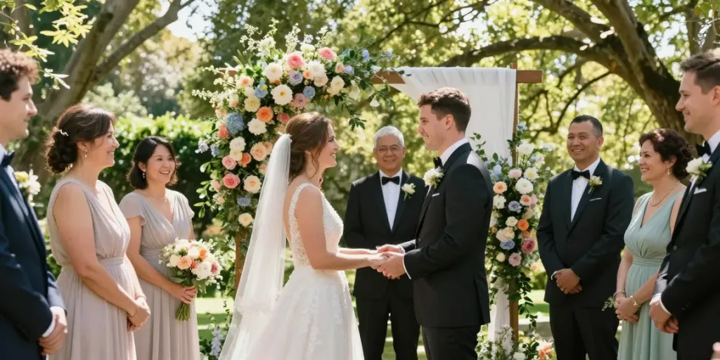 Documentary wedding photographer in Dunedin capturing couple's genuine vows in a lush garden setting.