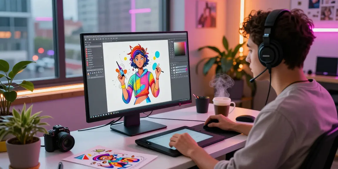Creating AI NSFW art in a vibrant digital studio with modern tools.