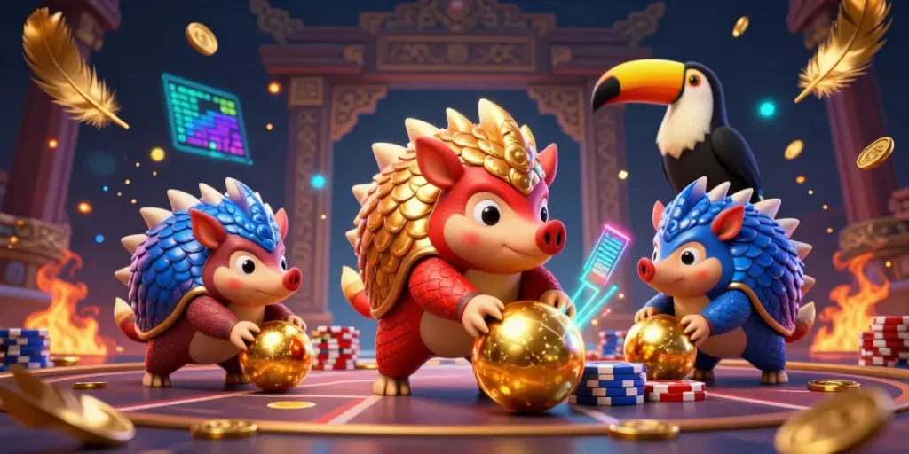 Experience the thrill of เว็บสล็อต with rival pangolins battling amidst poker chips and gold coins.