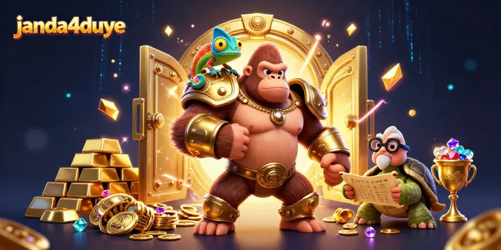Gorilla muncul kekuatan dalam armor bertema permainan di janda4duye dengan harta karun melimpah
