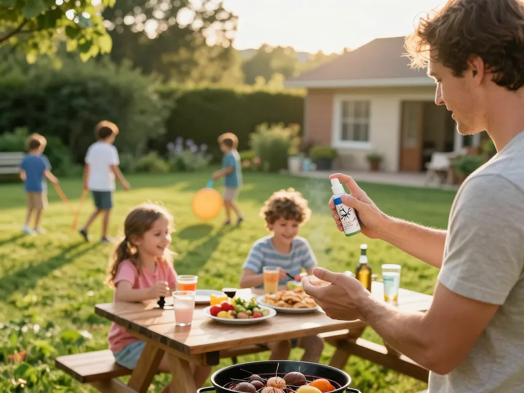 The best mosquito repellent is applied by a parent to children during a joyful backyard barbecue, ensuring protection.