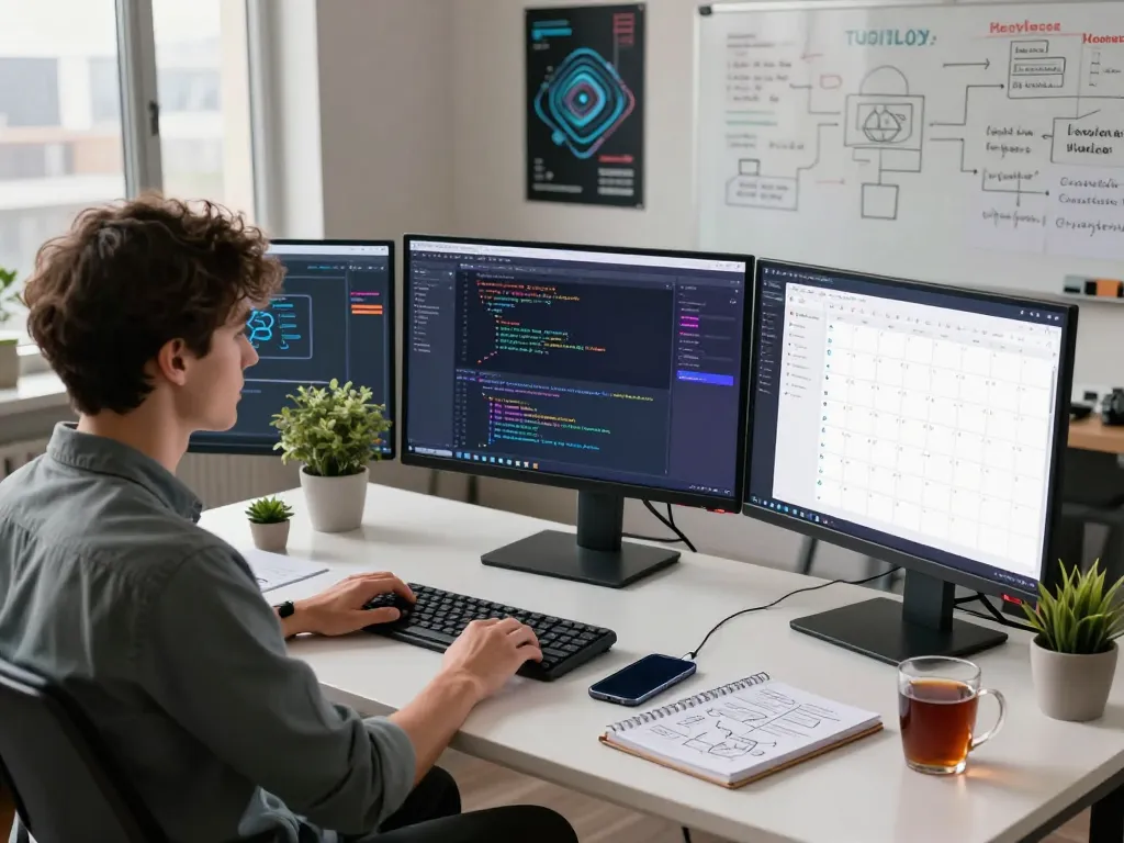 Developer utilizing Moltbot AI in a modern workspace with advanced technology setup.