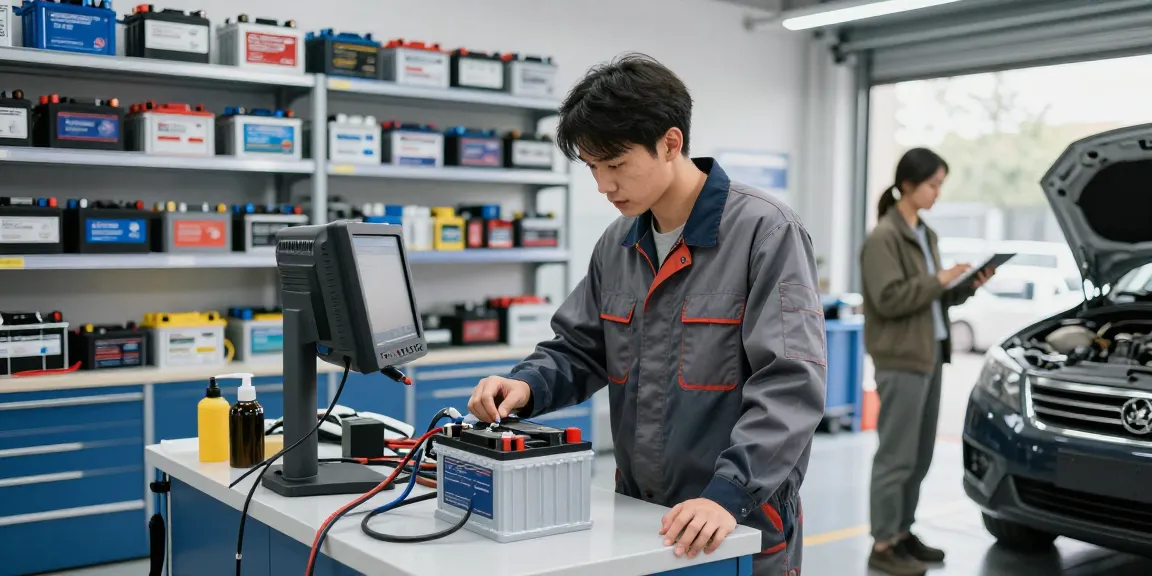 Car battery shop near me featuring a technician diagnosing a battery with high-quality options on display.