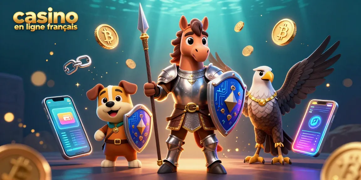 Utilisez le casino en ligne français et découvrez une scène immersive de jeu avec un chevalier et des éléments de crypto-monnaies.