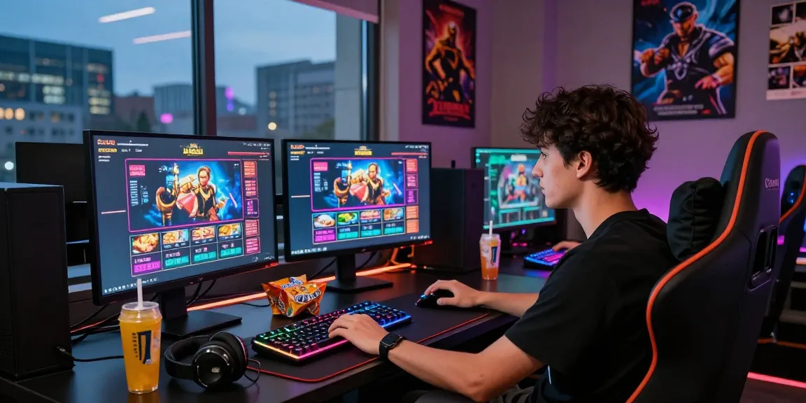 Fesselnder Spielraum mit einem Spieler an einem Paysafe Card Casino-Setup, ausgestattet mit Monitoren, Snacks und lebendiger Atmosphäre.