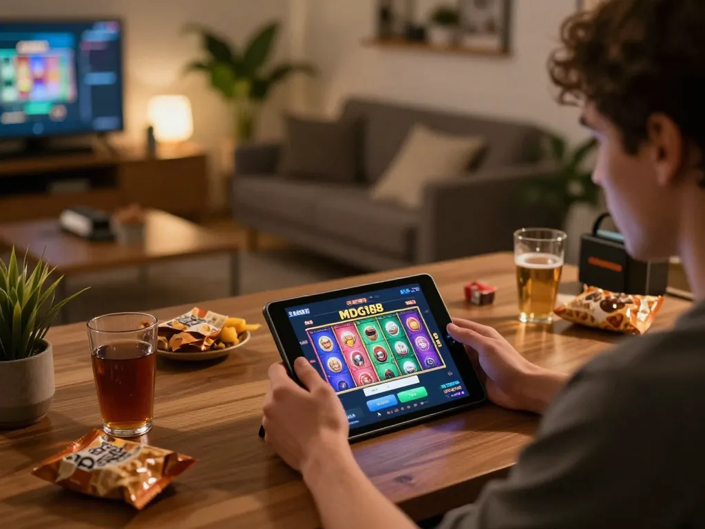 Engaging in online gameplay with mdg188 login on a tablet in a cozy home environment