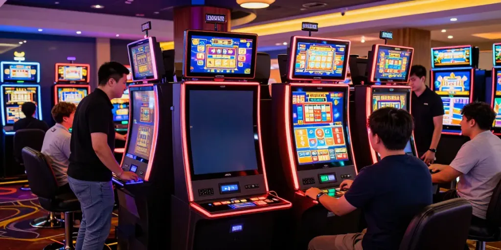 Slot gacor dengan pemain bersemangat di kasino online, suasana berwarna dan meriah.