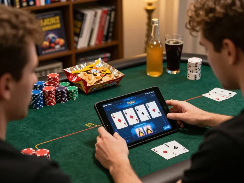Engaging online poker gameplay on soc88 with cards and chips on the table in a cozy home setting.