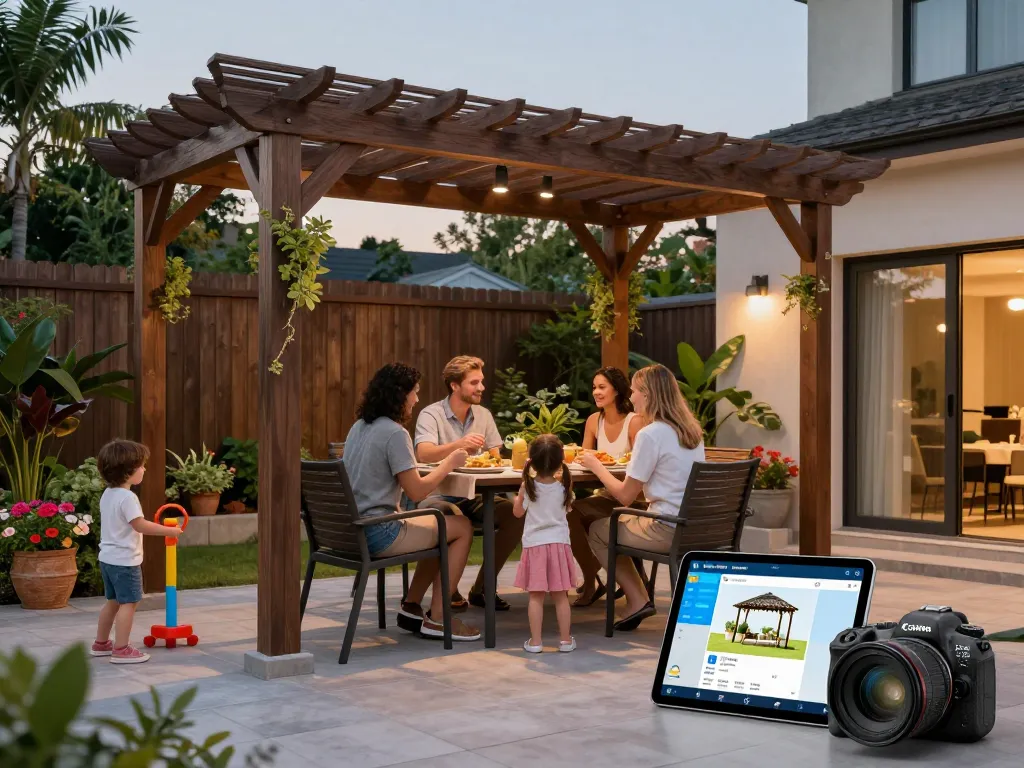 All-in-One pergola Configurator displayed on tablet as a family enjoys their backyard terrace.