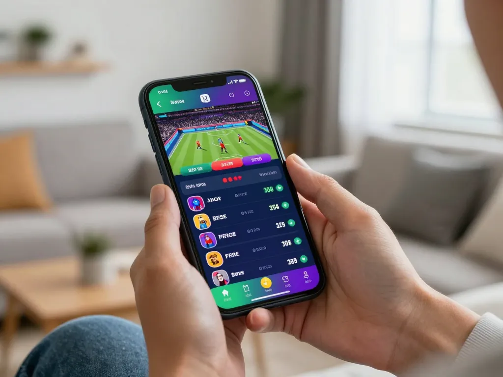 Engaging in real-time sports betting using a mobile app, showcasing 包网 technology in a cozy home environment.