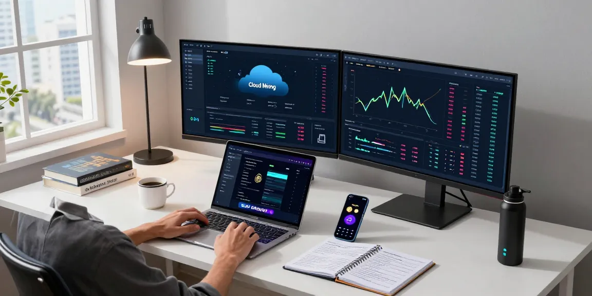 Cloud mining workspace with cryptocurrency charts and security devices in a modern office.