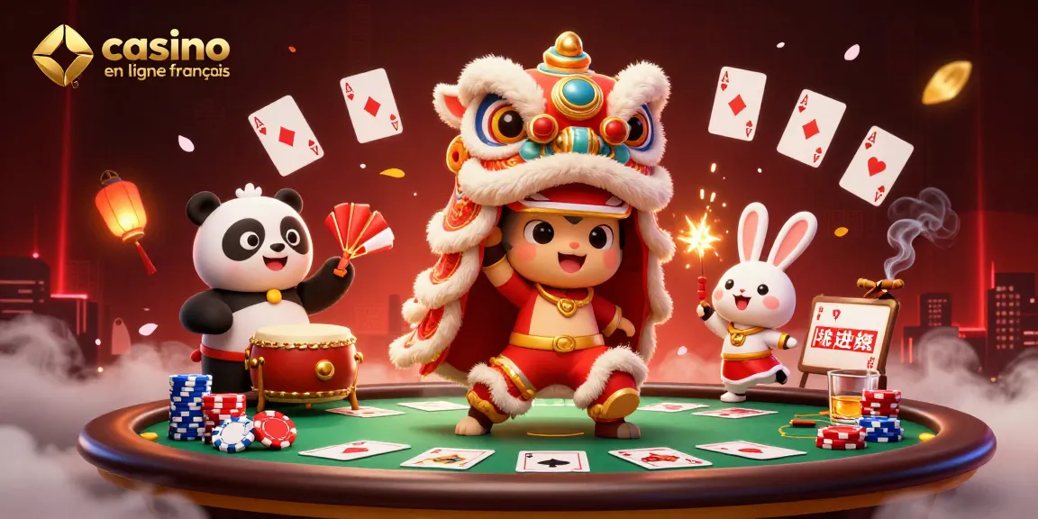 Plongée dans le monde du casino en ligne français avec un lion dansant, un panda et un lapin.