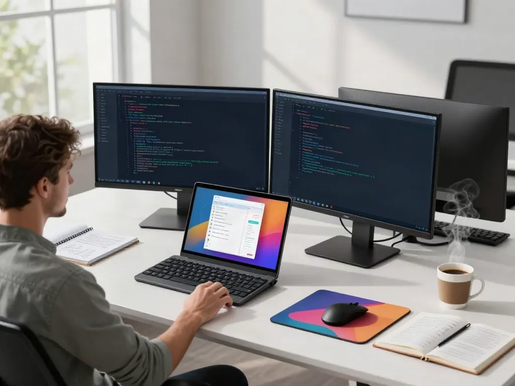 Developer working on v2rayN setup in a modern tech workspace.