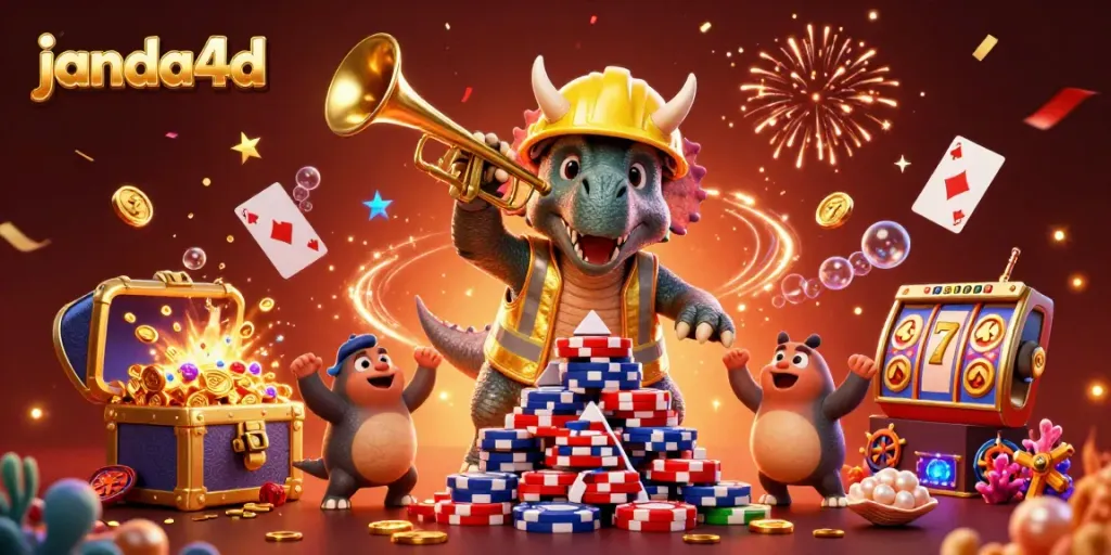 Gambaran meriah dari janda4d dengan dino membangun tumpukan chip poker dikelilingi elemen kasino yang glamor