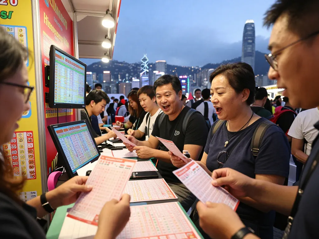 Excited lottery participants engaging with Hongkong Lotto tickets at a lively Hong Kong event.