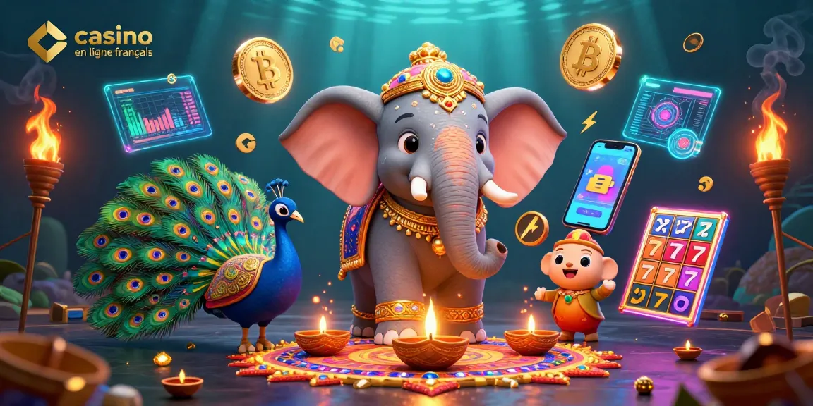 Jouer à des jeux passionnants sur casino en ligne français avec un éléphant Diwali coloré et des éléments de crypto-monnaie.