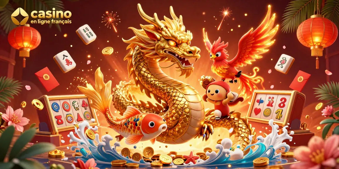 Jouez sur casino en ligne français avec un dragon doré, un phoenix et des pièces offertes.