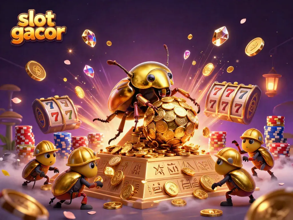 Slot gacor dengan simbol kasino, koin emas, dan karakter lucu dalam ilustrasi 3D yang menggiurkan.