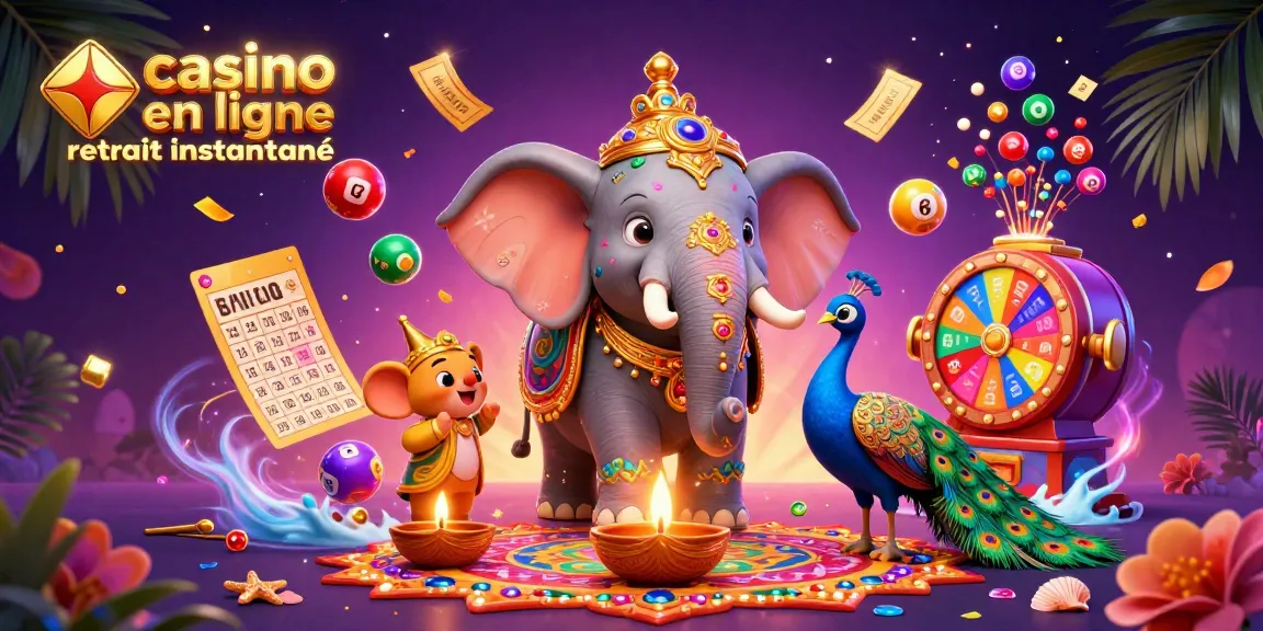 Venez jouer au casino en ligne retrait instantané avec un éléphant coloré et des éléments de loterie dynamiques.