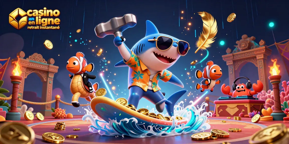 Plongée dans une scène vibrante du casino en ligne retrait instantané avec un requin et un poisson clown dans une ambiance festive