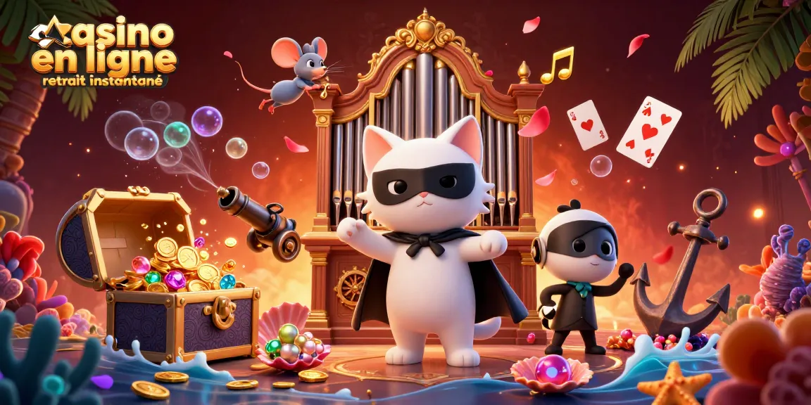 Admirez la scène d'un casino en ligne retrait instantané avec des personnages animés et des éléments de jeu vibrants.