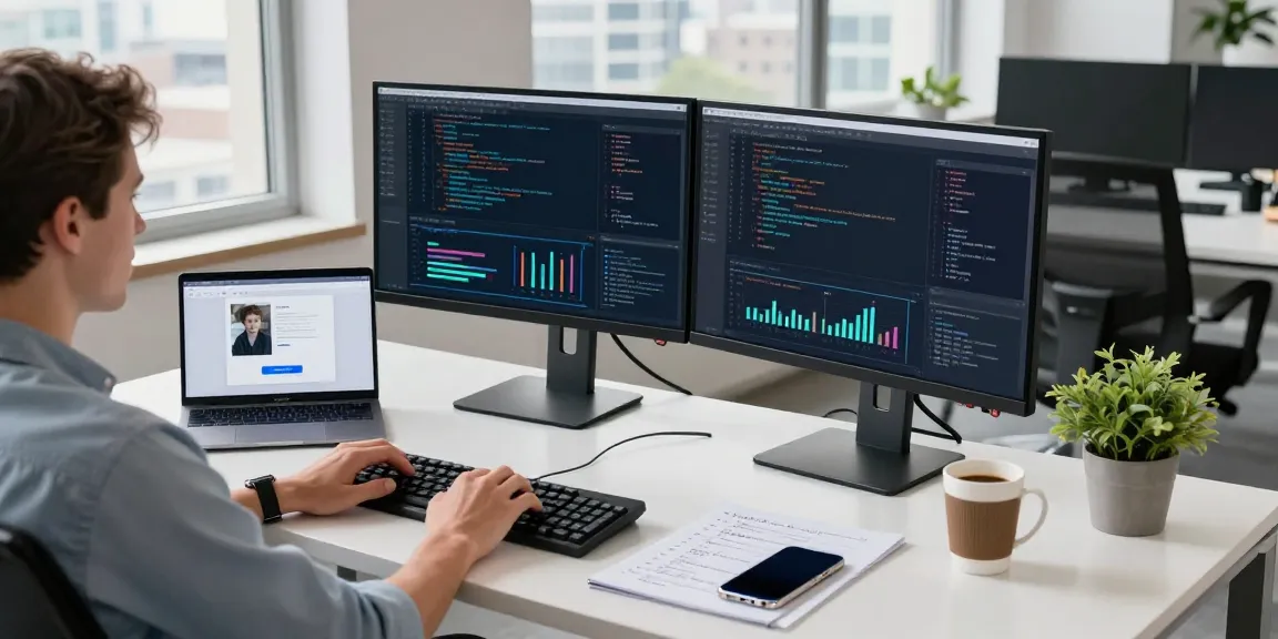 Dynamic workspace showcasing an ai detector in action with dual monitors, code, and productivity elements.
