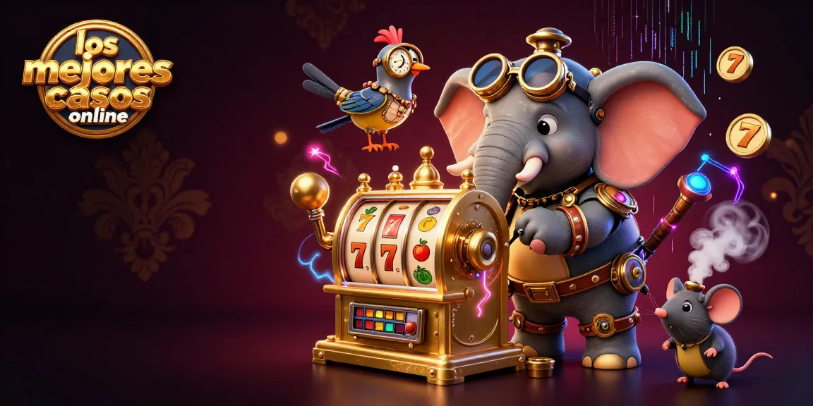 Gira los mejores casinos online con un elefante ingeniero y su máquina tragamonedas iluminada.