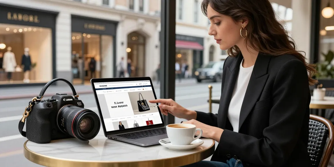 Stylish individual exploring 레플리카 luxury shopping website on tablet in trendy urban café.