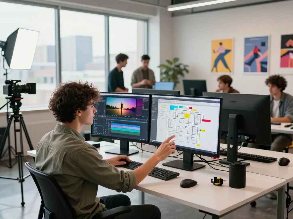 Video to prompt analysis in a vibrant digital workspace with creative professionals collaborating.