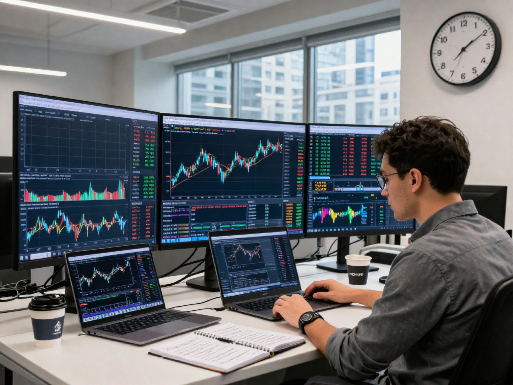 Financial analyst using metatrader 5 for market analysis in a modern trading office.