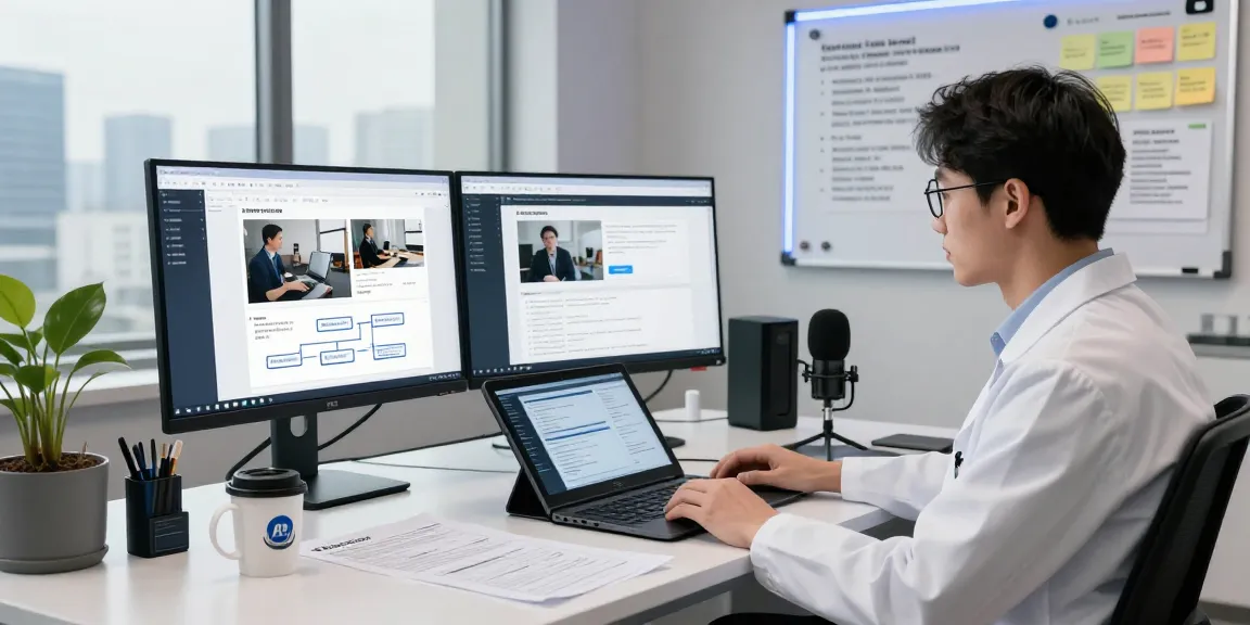 AI detector software analysis in a high-tech workspace with dual monitors and AI detection dashboard.