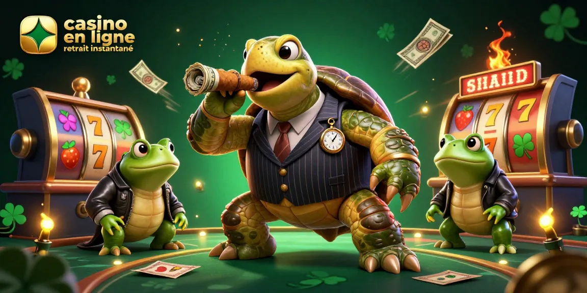 Célébrez le casino en ligne retrait instantané avec des personnages animés de tortue et de grenouilles dans une scène de casino dynamique.