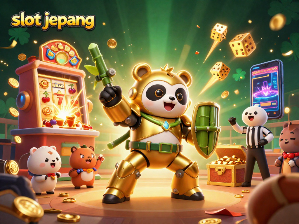 Spin the slot jepang reels amid a vibrant casino scene filled with golden tokens and energy.