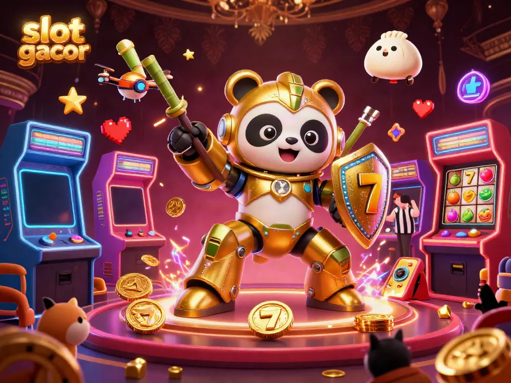 Experience the thrill of slot gacor with a golden panda in an energetic casino arena filled with exciting game elements.