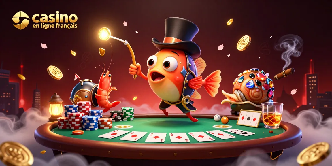 Plongez dans l'univers du casino en ligne français avec une illustration vibrante d'un poisson-lanterne haut-de-forme attirant des pièces d'or.