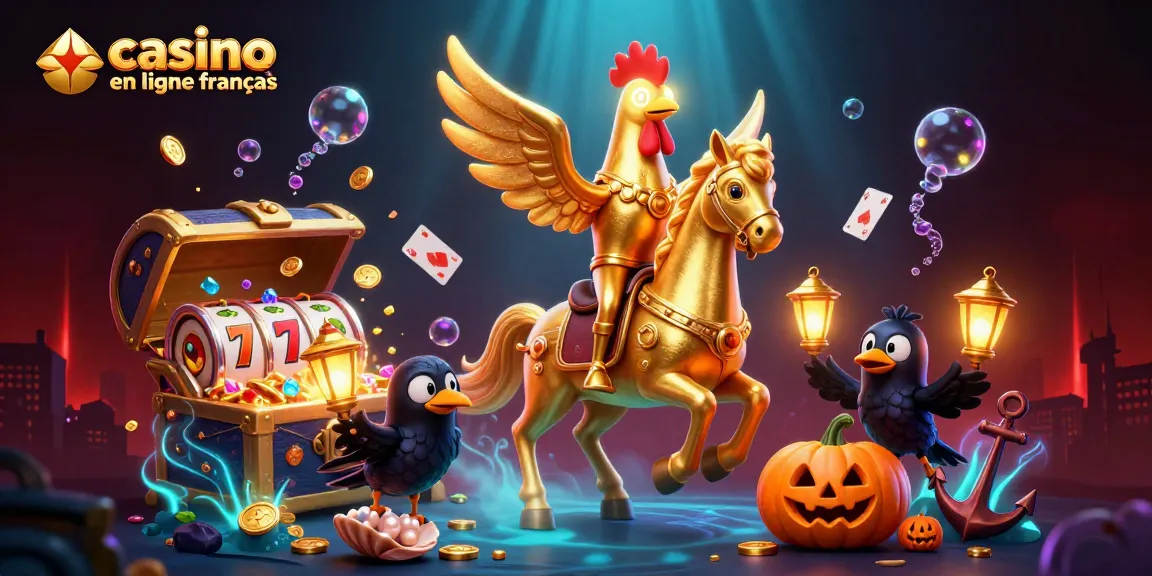 Jouer au casino en ligne français avec un coq doré et des symboles de chance au centre de l'illustration.