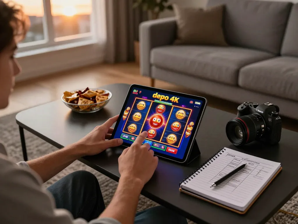 Engaging with slot depo 4k app on mobile in a cozy home setting featuring strategic gaming notes.