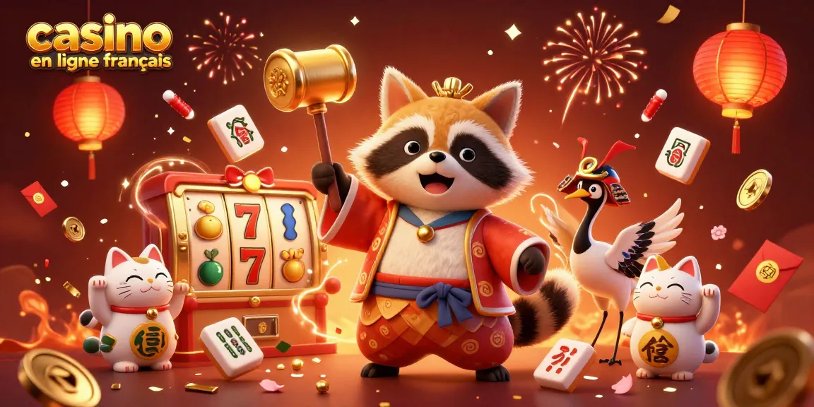 Illustration d'un tanuki heureux avec un maillet doré et un crâne en jouet, faisant la promotion de casino en ligne français.