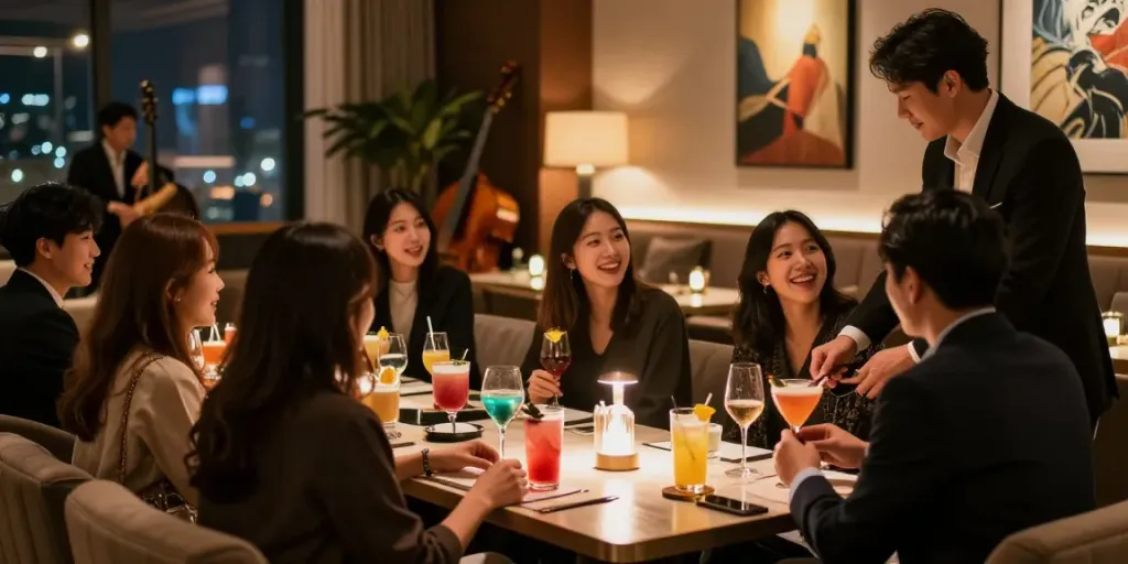 강남 구구단의 독립적인 룸에서 따뜻한 분위기 속 즐거운 모임 모습