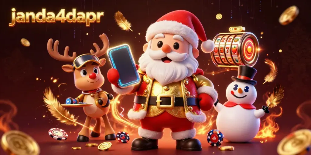 Menghadirkan janda4dapr, Santa Claus kartun di kasino dengan smartphone, rekan rusa dan penggumpal salju.