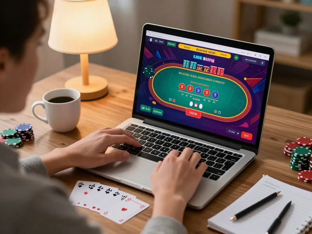 Person engaging with live dealer blackjack on sites not on gamstop in cozy home office.