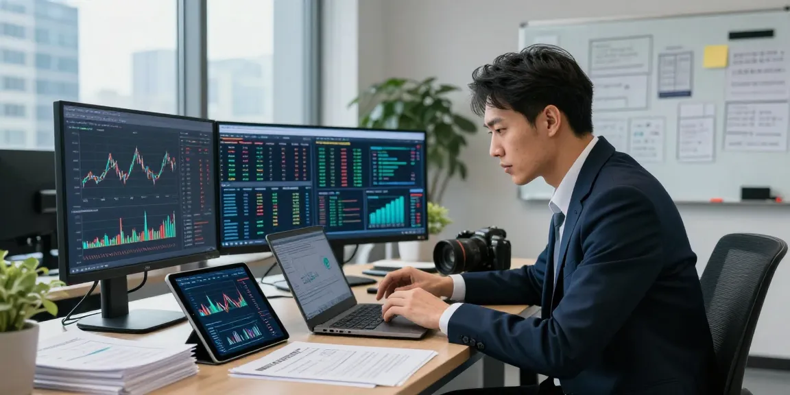 Analyzing financial crime intelligence in a modern office environment with data on multiple screens.