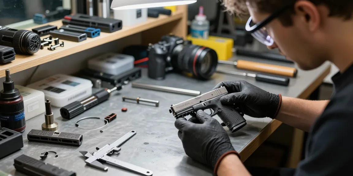 Gunsmith at precision workstation customizing Glock slides at https://precisionglockslides.com with tools and parts.