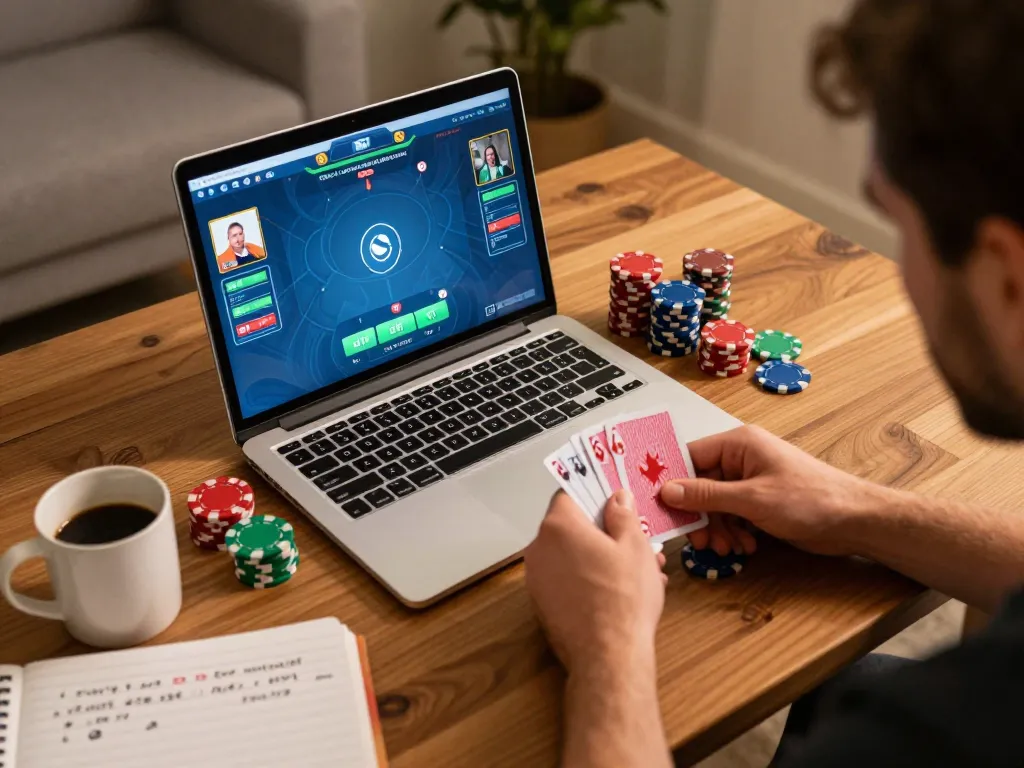 Engaging poker strategy at home with gojekpot game interface on laptop, chips stacked nearby.