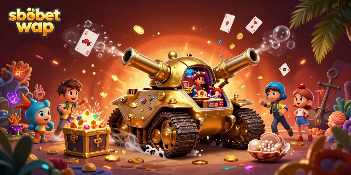 Engage in sbobet wap mobile betting as cartoon beetle tank unveils casino amid vibrant underwater treasures.