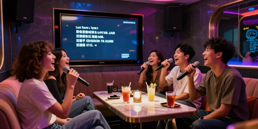 강남 도파민에서 친구들과 함께 노래를 부르며 즐거운 시간을 보내는 모습입니다.