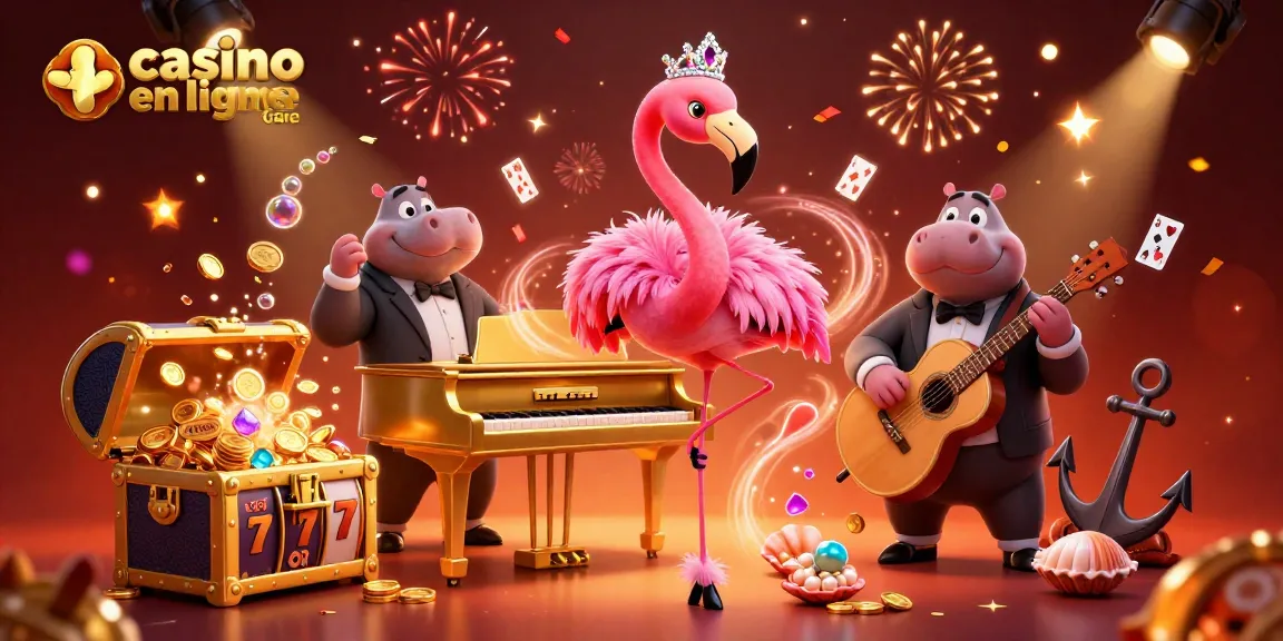 Illustration d'une performance de casino en ligne France avec un flamant rose chanteur, un hippopotame musicien et des éléments de jeu colorés.