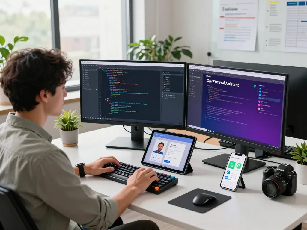 Developer integrating the clawbot AI with messaging apps in a modern workspace.